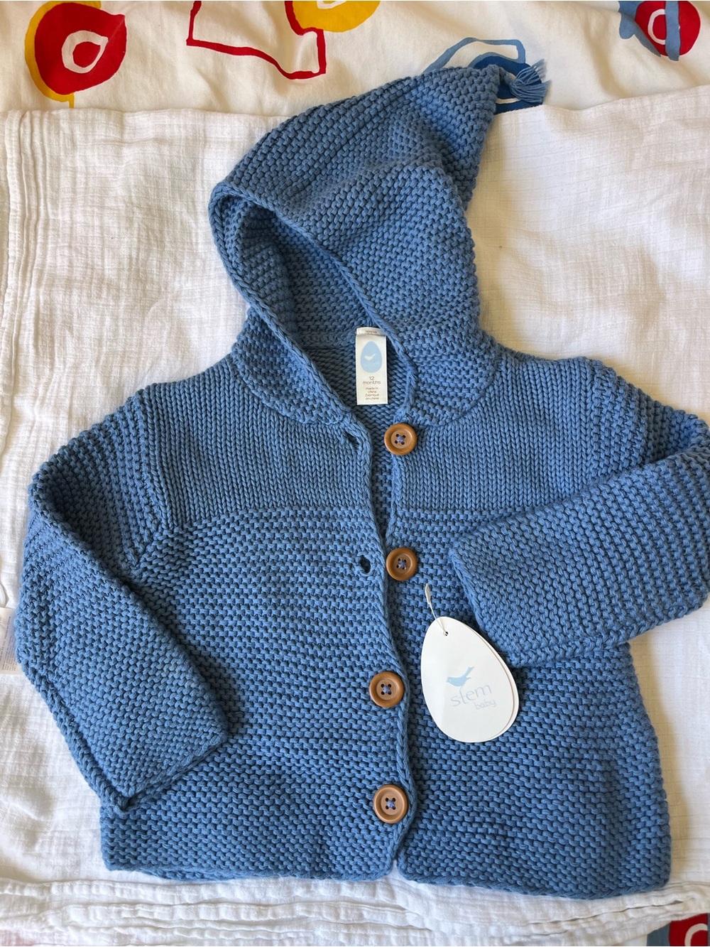 NWT blue organic cotton knit hooded cardigan (18 months)